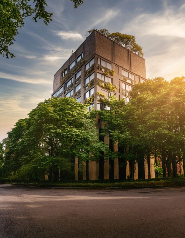 Sustainable company building surrounded with trees, in a city 81603